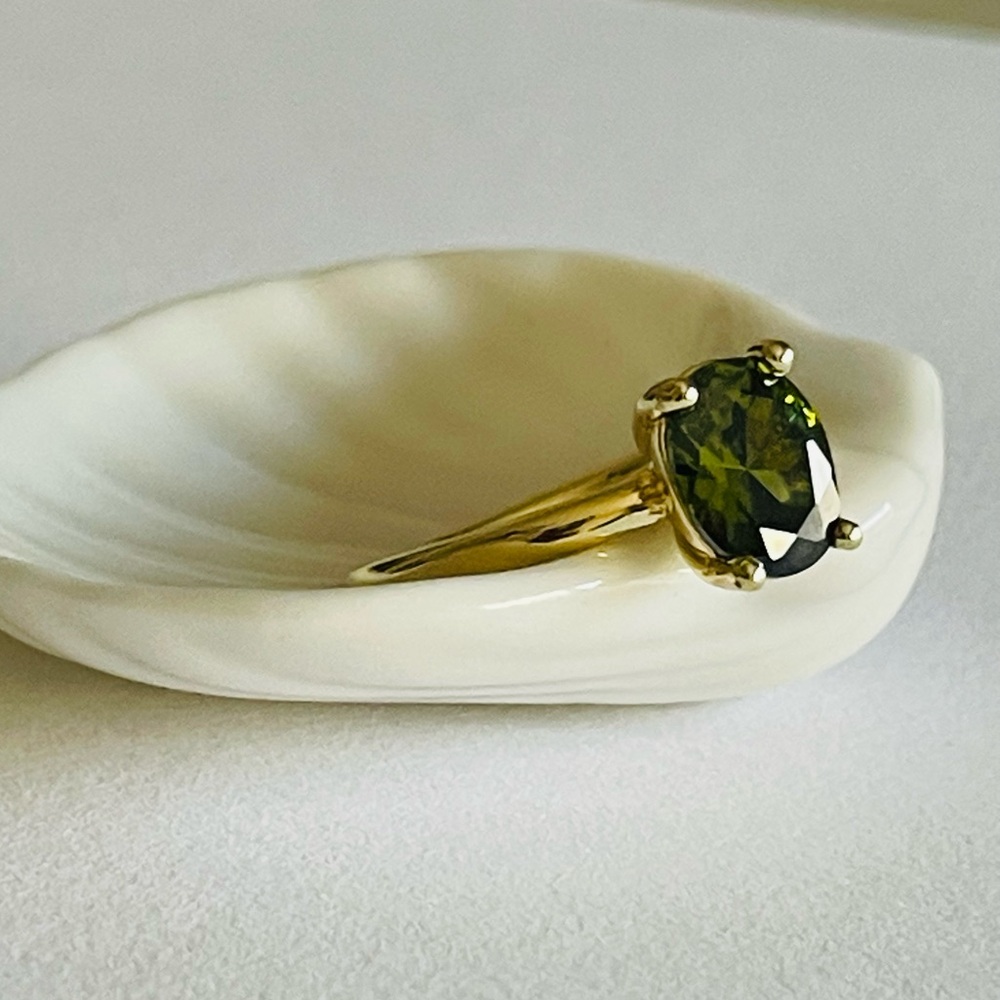Feminine Whimsical Gold Ring with Olive Moss Green Oval Gemstone Solitaire 5.5